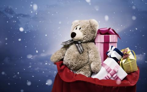 假日，新年，礼品，包装盒，弓，玩具，灰色，毛绒，熊，袋，雪