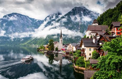 自然，湖，奥地利，城市，水，船，山，森林，雾，天空，阴