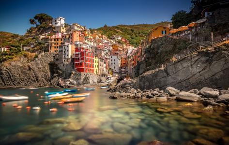 意大利，房子，湾，船，利古里亚海岸，里奥马焦雷，天空，岩石，五渔村