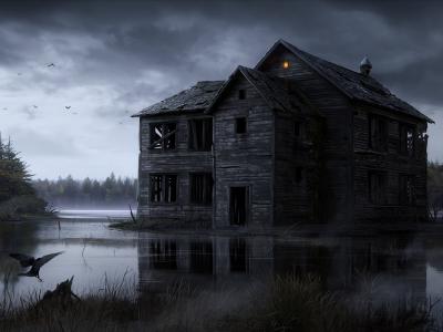 幽暗，废墟，沼泽，水，乌鸦，木，房子