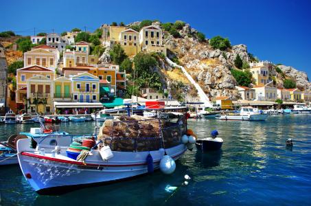 海，自然，希腊，小船，山，货物，希腊，房子