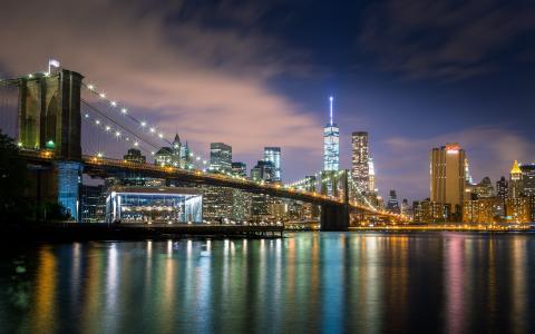 纽约市，城市，夜晚，桥梁