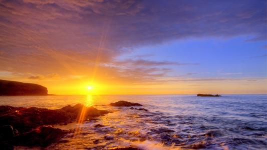 日落，太阳，晚上，岩石，加那利群岛，海