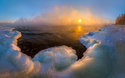 拉多加湖，冰，岸，霜，日落，冬天，拉什科夫Fedor