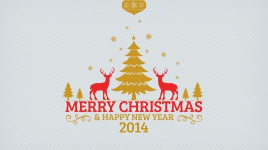 新的一年，2014年，圣诞快乐，圣诞树，鹿，雪花
