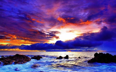蓝色，天空，云，海，石头，日落
