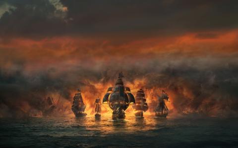 海盗，船舶，战斗，火，海，天空