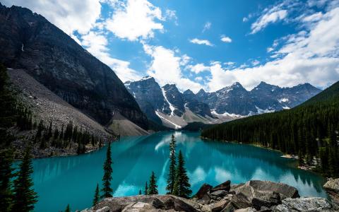 加拿大，冰lake湖，冷杉，性质，山，云，天空，森林，斜坡，石头