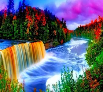 美丽，五颜六色的水，瀑布，河，森林