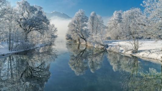 自然，冬季，景观，河，巴伐利亚，Loisach，树木，德国，白霜，反射