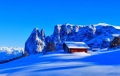 山，自然，冬天，房子，雪，森林，美丽