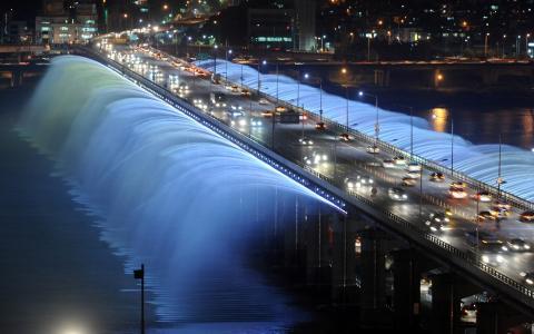 彩虹喷泉，桥，夜晚，韩国，喷泉，首尔