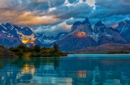 景观，阿根廷，山，湖，巴塔哥尼亚，云