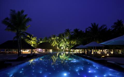 度假村，热带地区，晚上，游泳池，娱乐，灯光，美丽