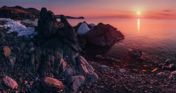 岸，春天，日出，海，岩石，早上，日本海，照片，安德烈Krovlin