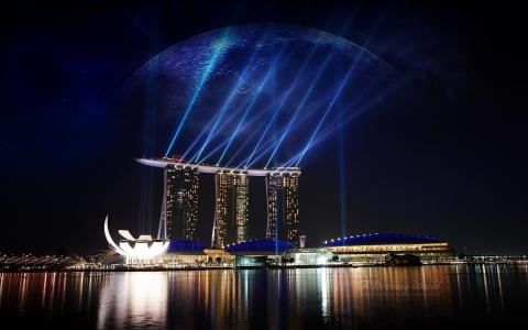 建筑物，新加坡，摩天大楼，晚上