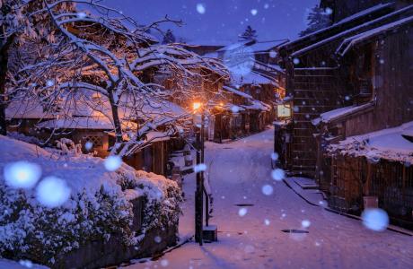夜街，京都，冬天，降雪，灯，日本