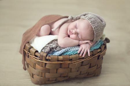 孩子，婴儿，宝宝，裸体，帽，毯子，睡眠，篮子
