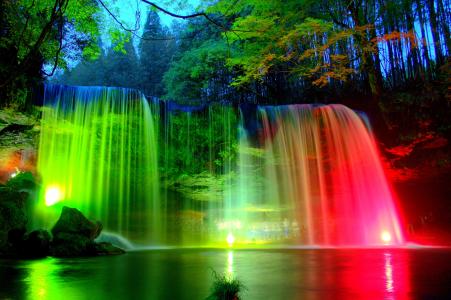 大自然，瀑布，美丽，灯光
