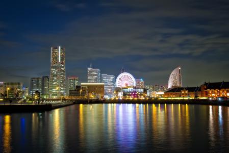 市，日本，横滨，灯，晚上