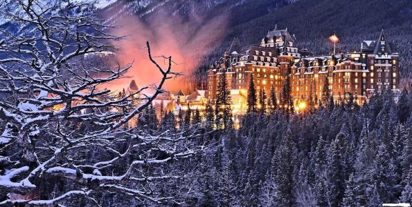 山，自然，城堡，加拿大，森林，冬季，美女