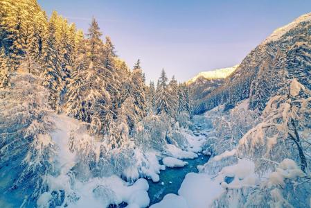 自然，山，冬天，雪，山区河流，美丽