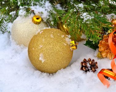 假日，新年，冬天，雪，冷杉，分支，球，视锥细胞