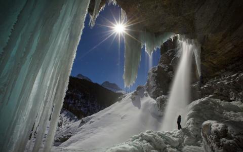 冬天，山，岩石，石窟，冰，极端，美丽，瀑布