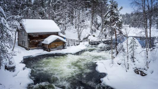 河，芬兰，房子，冬天，雪，性质