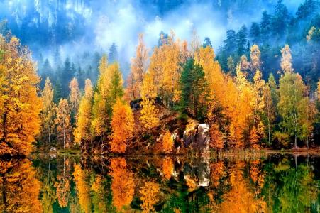 湖，钓鱼，秋天，山，超级照片，早上，水，倒影