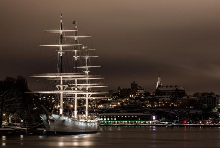 帆船，水，城市，斯德哥尔摩，船，瑞典，晚上
