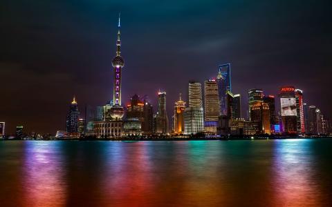 中国，上海，夜间，灯光，高层建筑