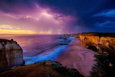 自然，海洋，闪电，雷暴，岸，岩石