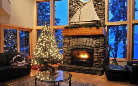 房间，壁炉，纪念品帆，圣诞树，家具，望远镜，雪
