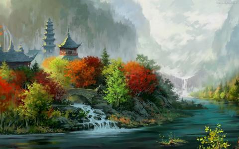 秋天，城堡，幻想，东，绘画，河，树，桥，山