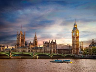 英格兰，伦敦，河，桥，建筑物，时钟，天空，美女