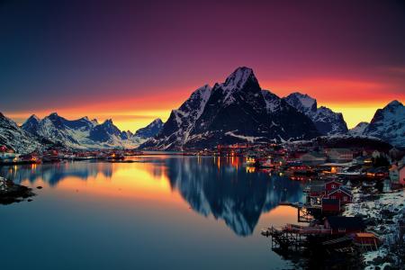 挪威，日落，山，房子