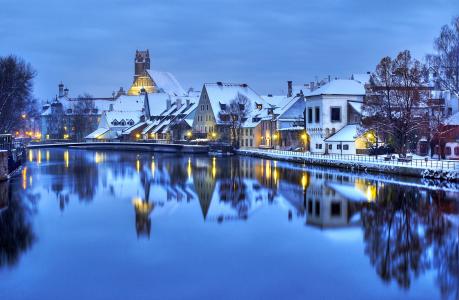 德国，反射，建筑物，水，冬天，雪，光，灯