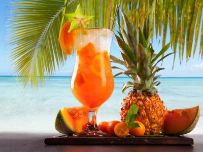 海，棕榈，热带，果汁，玻璃，水果，橙，菠萝