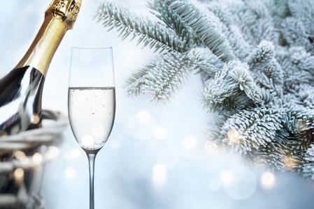 节日，新的一年，分支机构，云杉，枞树，白霜，眼镜，瓶，香槟