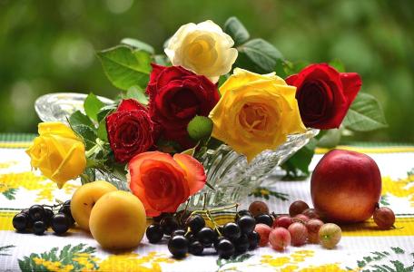 水果，新鲜多彩，花束，仍然，玫瑰，生活，花，鲜花，性质