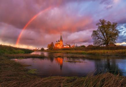 晚上，河，教堂，天空，云彩，彩虹，日落，Dunilovo，通过Andrey Grachev