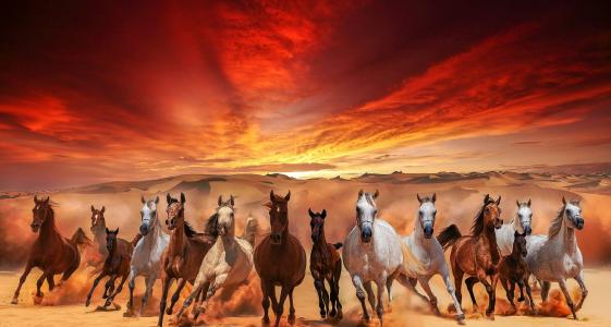 沙丘，撒哈拉沙漠，天空，日落，马，牧群，运动，由米沙Shneer