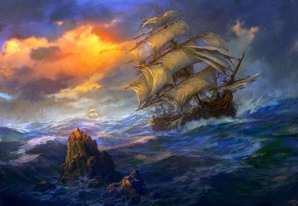 船舶，海洋，太阳，风暴，云，岩石，搁浅，旗鱼
