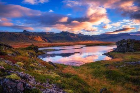 自然，冰岛，湖，反思，日出，山，火山，云