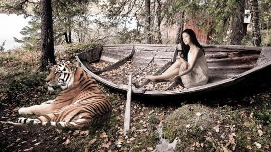 女孩，老虎，船，树，落叶
