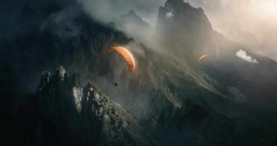 雾，降落伞，性质，山，飞行，岩石