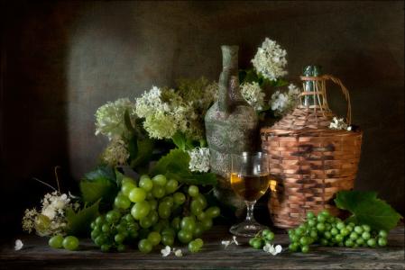 8月，葡萄，绣球花，绿色，夏天，静物，Eleonora Grigorjeva