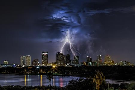 坦帕，佛罗里达州，城市，闪电，云，夜