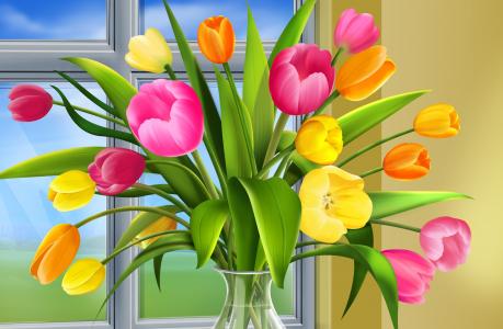 鲜花，花束，窗口，花瓶，郁金香，photoshop，春天